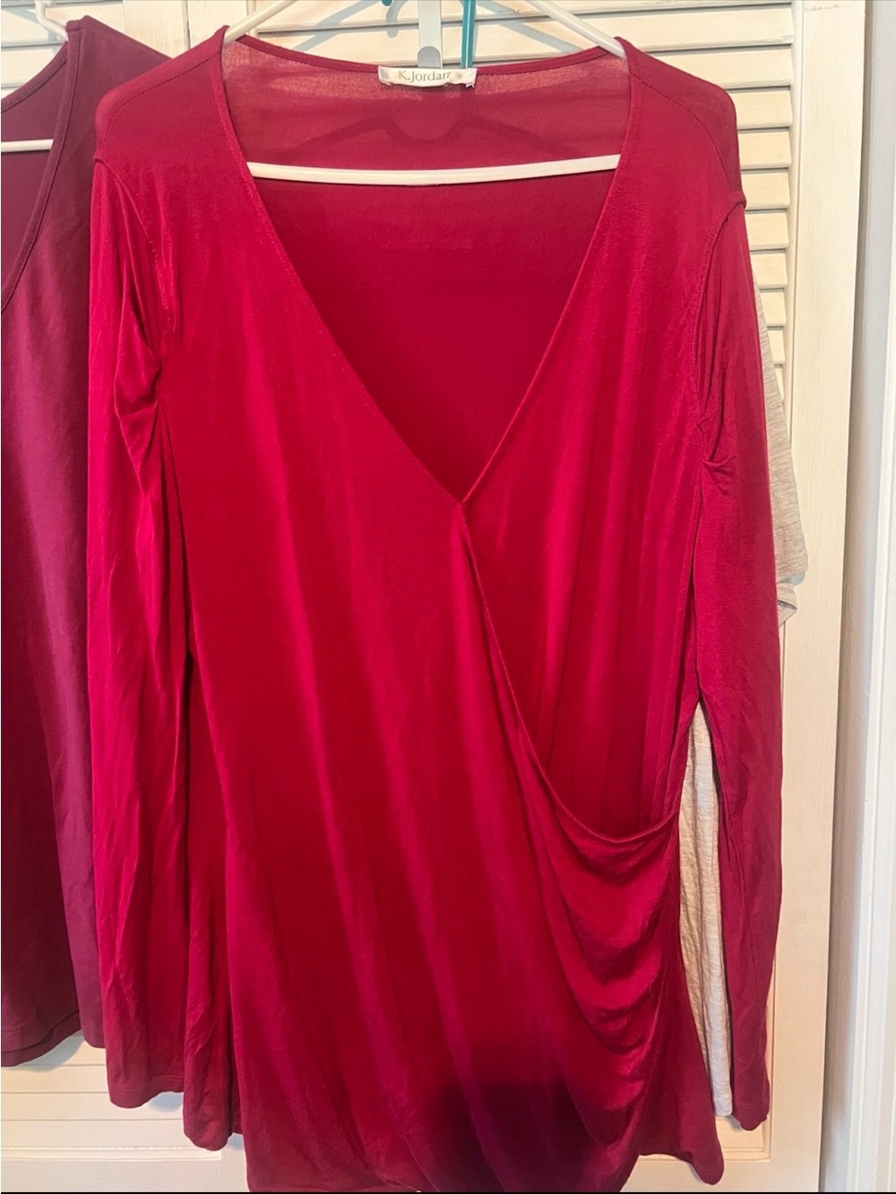 K Jordan Women’s Deep V Draped Long Sleeve Top - Crimson Red XXL